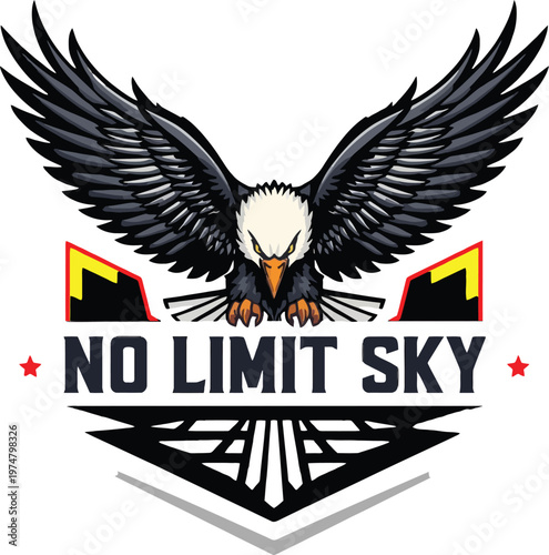 Powerful eagle emblem with the slogan no limit sky and dynamic wings spread wide