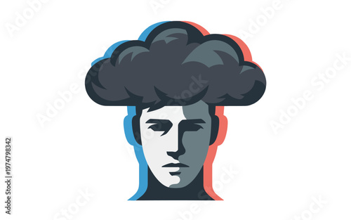 A man's face with a cloud on his head representing a troubled mind.