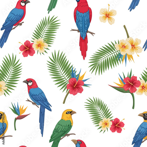 A tropical pattern featuring colorful parrots and exotic flowers on white