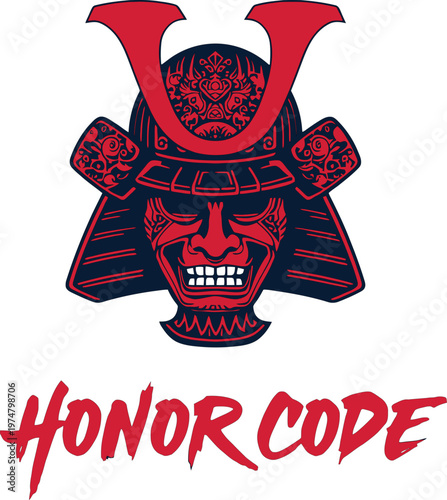 Vintage pixelated samurai helmet with honor code text beneath it