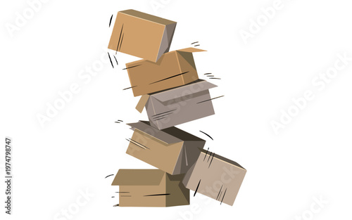 A stack of cardboard boxes tilting precariously.