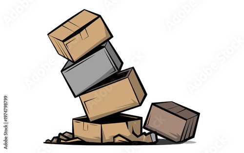 A stack of boxes in the process of tipping over.