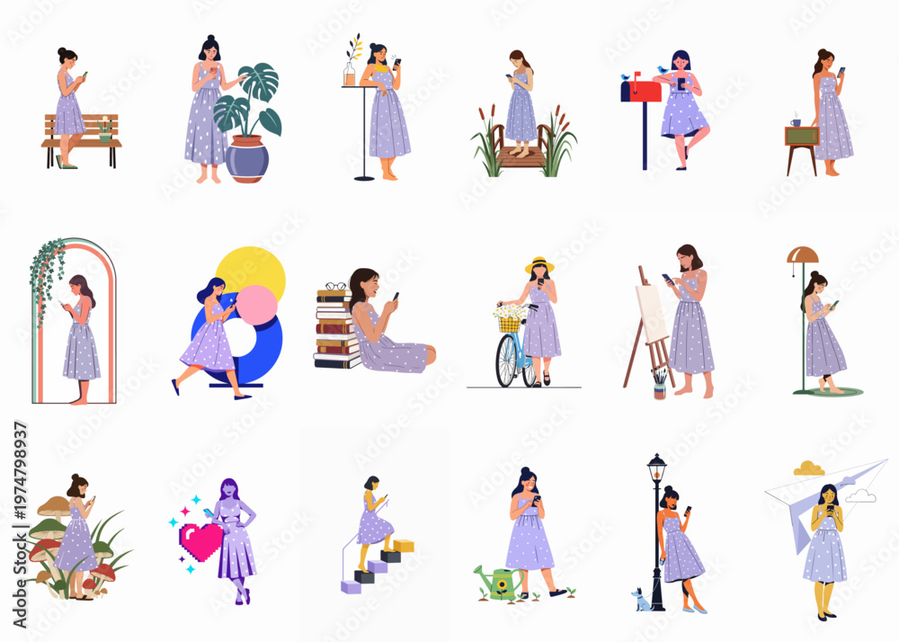 Fototapeta premium Vector illustration collection showing a woman in a purple polka dot dress using her smartphone in multiple diverse daily life and imaginative scenarios.