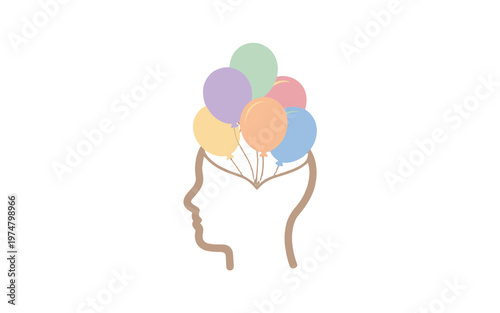 A graphic design showing balloons floating out of a head representing creativity and new ideas.