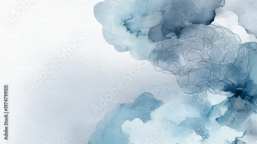 Blue watercolor abstract background with delicate brain line art, modern neurology website design perfect for healthcare platforms, mental health branding, and educational visuals