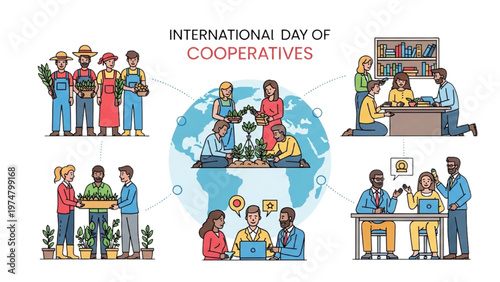 International Day of Cooperatives Illustration – Global Community Working Together, Agriculture, Business, Education and Social Collaboration Concept