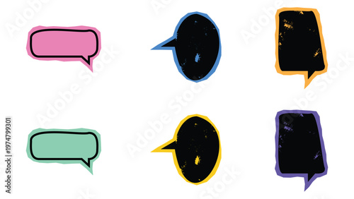 Set of Hand-drawn Pop Art Speech Bubbles with Colorful Double Outlines and Texture