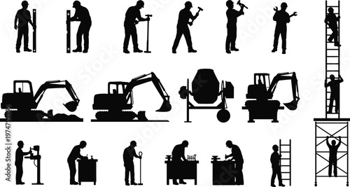 Black Silhouettes of Construction Workers, Heavy Machinery, Excavators, Industrial Tools and Engineers Working on Building Site Isolated on White Background