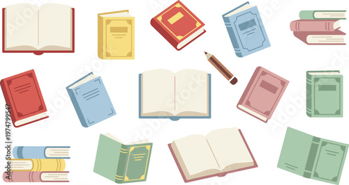 Book Collection with Open and Closed Books, Stacks and Study Elements for Education, Library Design, Reading Concept and Academic Vector Illustration Set