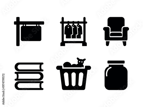 Household Items and Thrift Shop Silhouette Icon Set - Home Goods Vectors