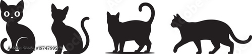Set of four black cat silhouettes in different poses and views on transparent background