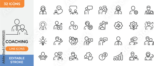 Coaching avatar line icons set, mentoring, communication, leadership, personal development, teamwork, business strategy, editable stroke vector illustration collection