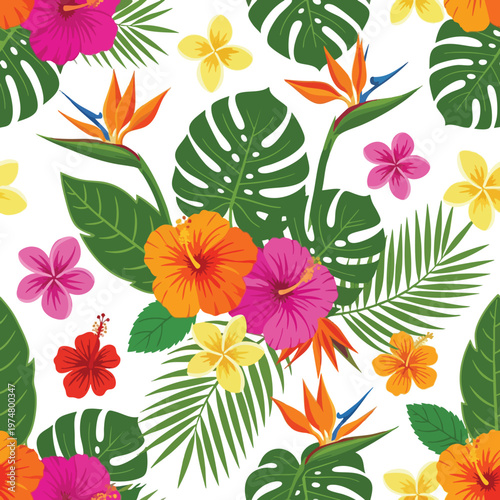 Vibrant tropical floral and leaf pattern on white background