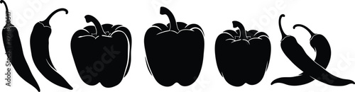 Black pepper silhouettes set including chili bell and jalapeno icons