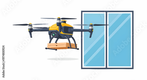 Drone flying near window with cargo delivery