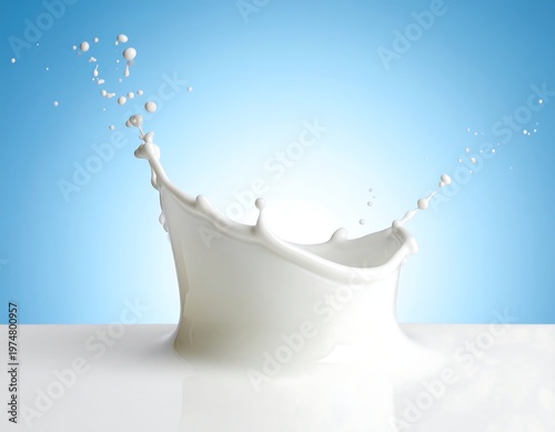 A splash of white liquid forms a crown-like shape, droplets scattered against a gradient blue backdrop. Smooth surface