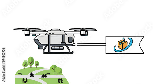 Drone delivering package to people in a park outdoors