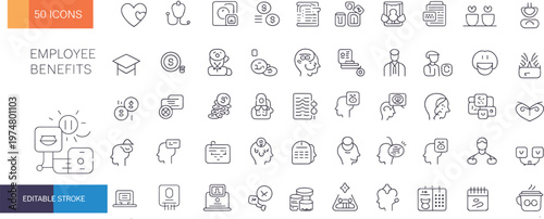 Employee benefits line icons collection for HR, insurance, healthcare, finance, wellness programs, editable stroke vector set for modern UI design