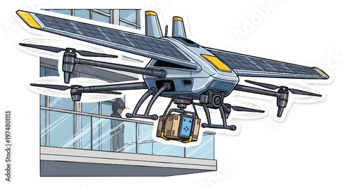 Solar powered drone delivering package to building rooftop