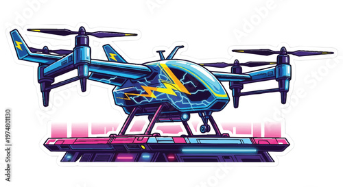 Futuristic drone with multiple rotors on a landing pad