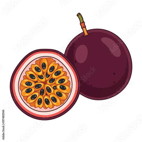 One whole and one halved passion fruit with vibrant orange pulp and black seeds