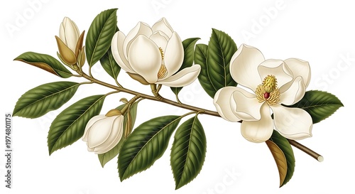 Elegant botanical illustration of a magnolia flower branch showcasing its large blossoms and lush green leaves