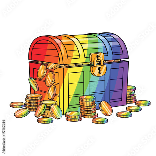 A treasure chest with rainbow stripes, filled with gold coins, and a lock