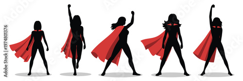 Female superhero black silhouettes powerful action pose flying or standing dynamic comic character modern vector illustration.
