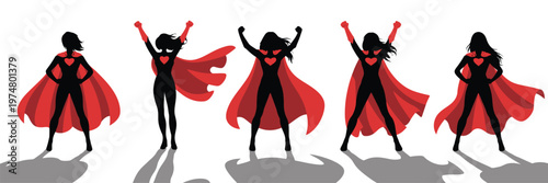 Female superhero black silhouettes powerful action pose flying or standing dynamic comic character modern vector illustration.