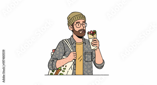 man eating sandwich and carrying bag on shoulder