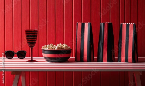 Vibrant Red and Black Abstract Still Life Composition Featuring Striped Glassware Popcorn Bowl and Tall Cylindrical Objects on a Textured Wooden Surface with Dramatic Lighting