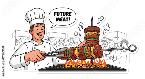 Chef grilling colorful kebabs with a speech bubble saying future meat