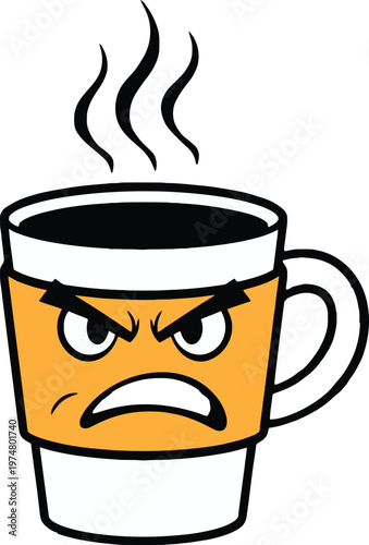 An anthropomorphic coffee cup expressing anger and frustration with steam rising from its top