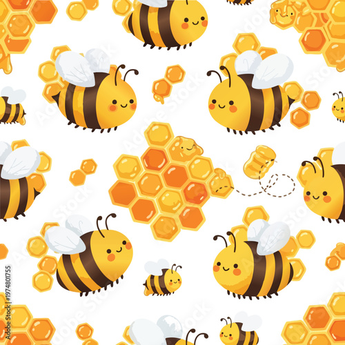 Cute bees and honeycombs in a whimsical pattern