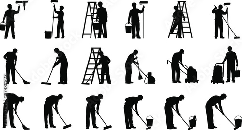 Black Silhouettes of Professional Cleaners Janitors and Painters with Mops Buckets Ladders and Brushes for Facility Maintenance Service Isolated on White Background