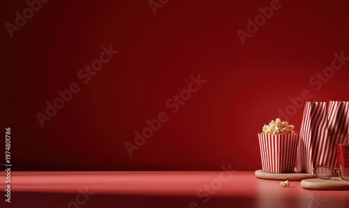 Vibrant Red Background with Classic Red and White Striped Popcorn Tubs and Glasses Illuminated by Soft Studio Lighting Creating a Festive Cinematic Atmosphere