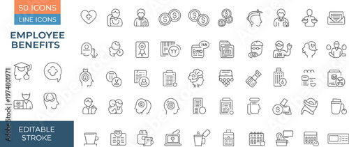 Employee benefits line icons set for HR, healthcare, insurance, finance, wellness, editable stroke vector collection for modern UI design