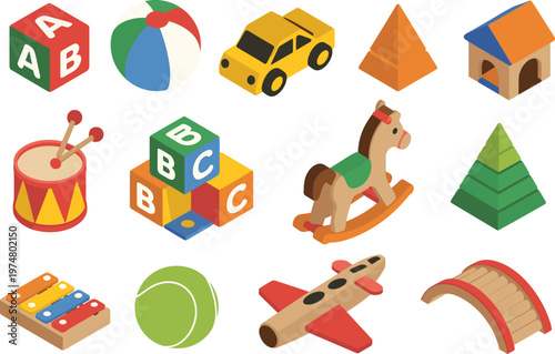 Isometric kids toys icon set, colorful 3D playful objects including blocks, ball, car, house, drum and educational children play items