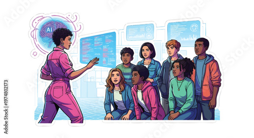 Diverse group of people in a classroom setting with a teacher