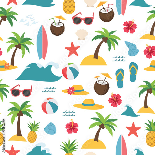 A vibrant summer-themed pattern with beach icons palm trees, coconuts, surfboards, waves, and more