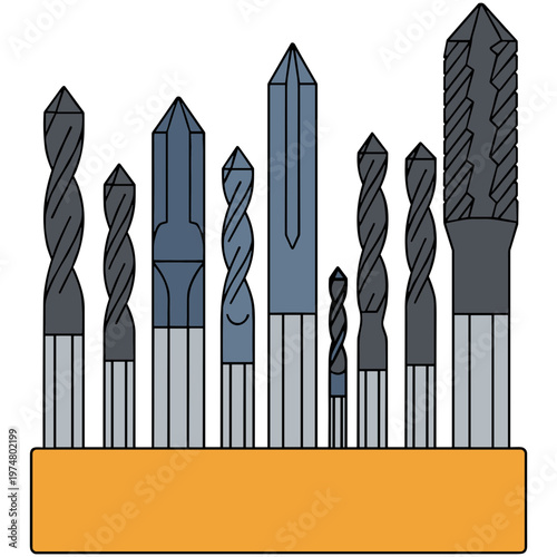 Various drill bits arranged on an orange holder