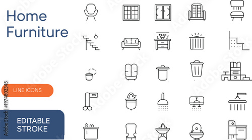 Home furniture line icons set, interior outline collection, editable stroke vector, modern household appliances, minimal UI UX design elements pack