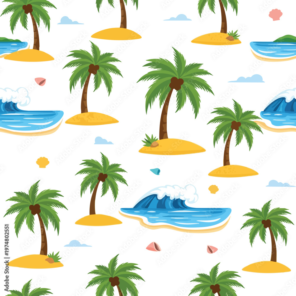 Obraz premium Tropical island pattern with palm trees, waves, shells, and clouds