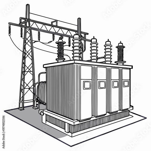 Electrical transformer station with tower and wires