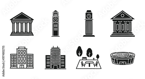 Vector illustration of set of city buildings and public places icons on a transparent background