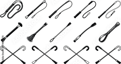 Set of Equestrian Whip and Crop Vector Silhouettes Featuring Horse Riding Equipment Leather Bullwhip and Crossed Racing Crops for Sporting
