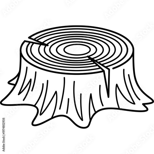 A tree stump with rings and cracks is cut off at the forest floor.