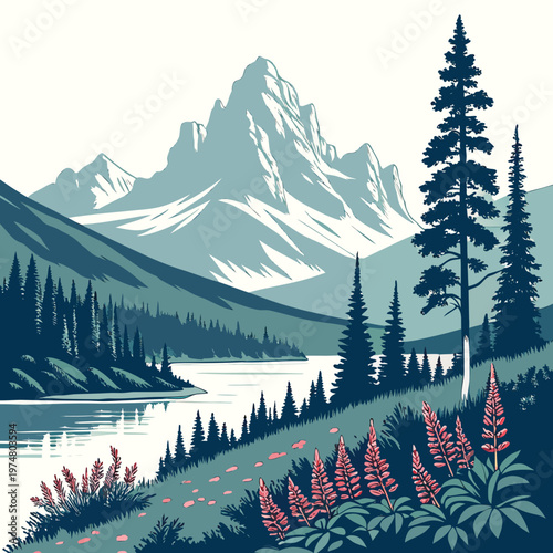 Mountain Lake Scene with Snowy Peaks and Red Flowers