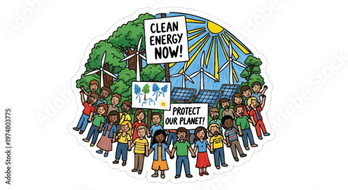 Diverse group of people holding signs for clean energy and environmental protection