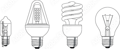 Light bulb types line art collection with LED CFL and incandescent lamps outline vector illustration